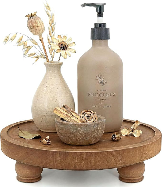 EOSAHR Farmhouse Wood Risers for Bathroom Decor - Decorative Pedestal Tray for Your Kitchen and Home - Rustic Round Waterproof Display Stand Organize for Your Soap, Plants, Jewelry, Perfume(Brown)