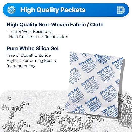 Dry & Dry 100 Gram [100 Packets] Silica Gel Packets Desiccants, Silica Packets - Rechargeable Silica Gel Packs, Desiccants Packets, Silica Gel