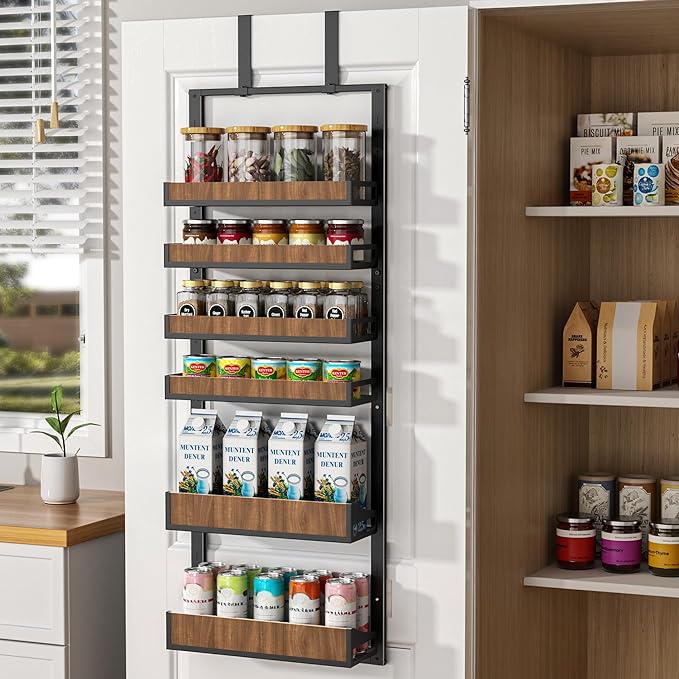 Aquzee Pantry Door Organizer, 6-Tier Over the Door Pantry Organizer, 2 IN 1 Hanging Wall Mount Spice Rack, Adjustable Baskets, Heavy Duty Spice Organization for Cabinet Kitchen Closet
