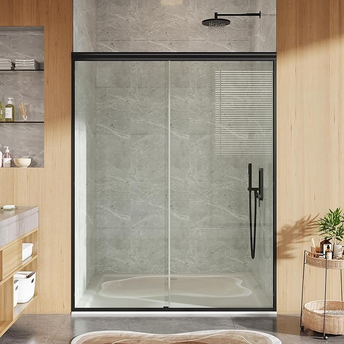 Sliding Shower Door 44–48 Inch W x 72 Inch H – Framed Double Sliding Tempered Glass Shower Enclosure with Easy-Clean Coating, Safe Wet-Dry Separation Design for Family Bathrooms Matte Black