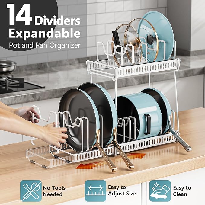 3-Pack Pots and Pans Organizer for Under Cabinet, 2Tier 14 Dividers 3 DIY Method Expandable Easy Install, Kitchen Pot Pan Lid Rack Storage Holder Organizers Inside Cabinet, White