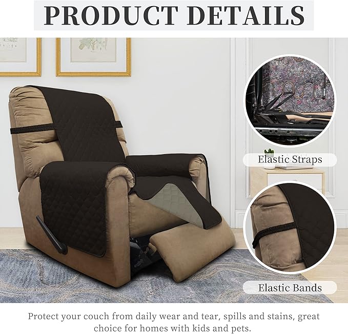 ISSUNTEX Double Protection 100% Waterproof Recliner Covers for Living Room, Reversible Furniture Protector Recliner Couch Sofa Slipcover for Dogs, Pets, Kids (Recliner, Chocolate/Beige)