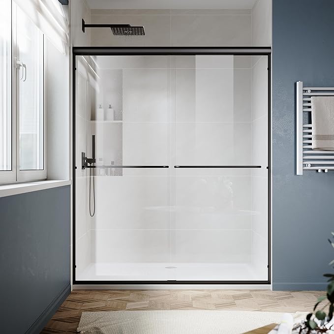 SUNNY SHOWER Double Sliding Glass Door 54" W x 72" H Shower Door 1/4" Tempered Glass Sliding Door Semi-Frameless Shower Glass Enclosure Bypass Walk in Shower Cabin, Matte Black