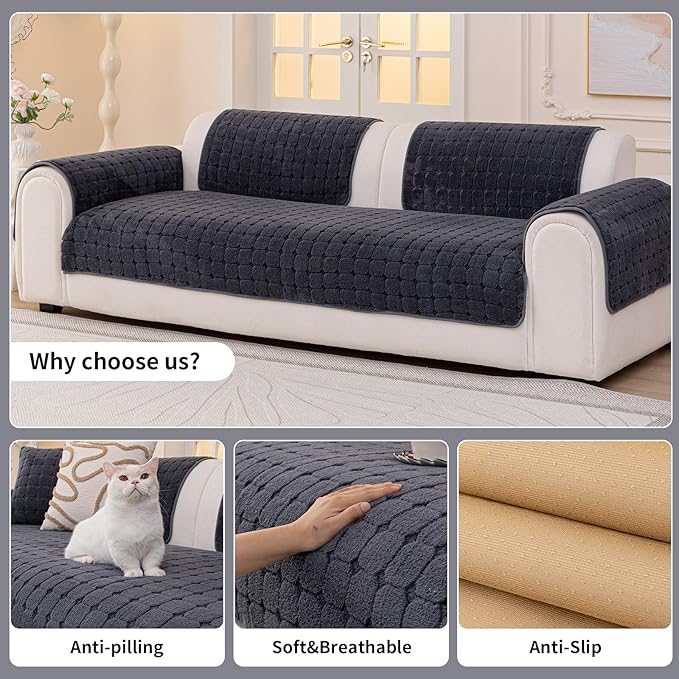 Velvet Sofa Covers Washable, Plush Warm Couch Cover for Single Seater Sofa, Funny Fuzzy Couch Covers for Pets&Kids, Non-Slip Sectional Sofa Cover(1PC, Dark Grey, 35.4"×35.4", Single Seater)