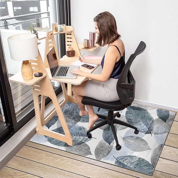 Office Chair Mat for Hardwood Floor &Low-Pile Carpet,55"*35" Under Desk Mat, Computer Chair Rug,Anti-Slip Floor Protector for Home Office Blue Leaf
