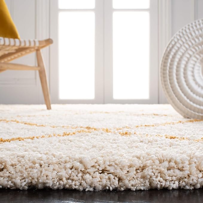 SAFAVIEH Hudson Shag Collection Accent Rug - 4' x 6', Ivory & Gold, Modern Trellis Design, Non-Shedding & Easy Care, 2-inch Thick Ideal for High Traffic Areas in Foyer, Living Room, Bedroom (SGH281E)