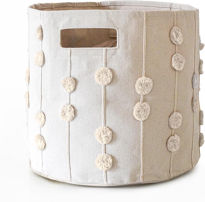 MakeMake Organics Storage Bins for Kids Nursery Bin Organizer (13"x12") Laundry Basket for Closet, Decorative Floor Storage Basket Canvas Fabric Storage Basket (Pompom - Oat)