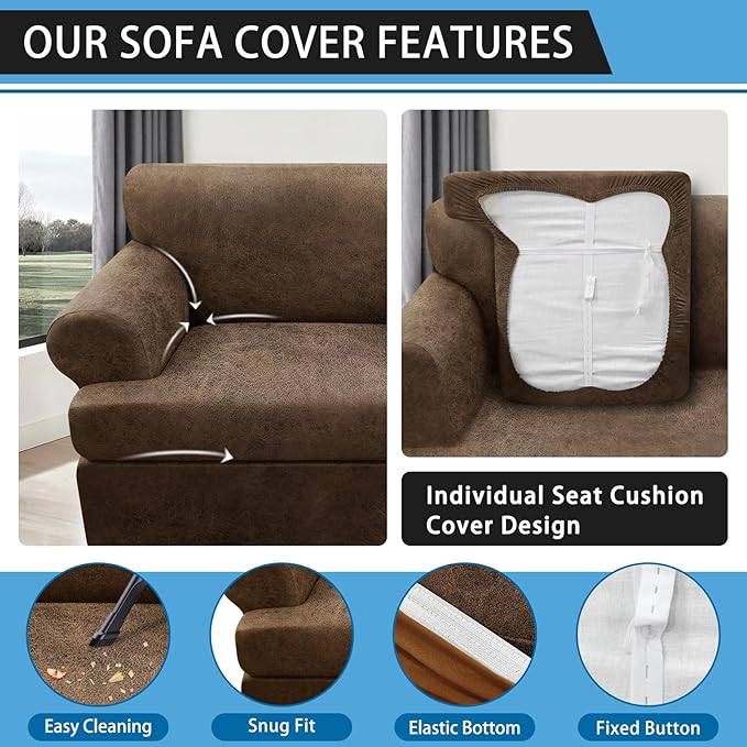 3-Pieces T Cushion Loveseat Slipcovers Leather Look Couch Cover Loveseat Covers for 2 Cushion Couch Furniture Protector Stretch Sofa Cover with 2 Individual T Cushion Seat Covers, Light Brown