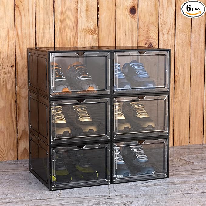 YIIHAA 12 Pack X Large Shoe Storage Box, hicken Sturdy Hard Plastic Clear Stackable Sneaker Shoe Rack for Size 12, Easy Assembly Storage Organizer, Holder Sneaker Container (Transparent Gray, 6)