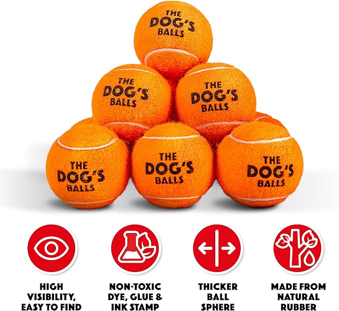 The Dog's Balls Dog Tennis Balls for Dogs, Orange, 12-Pack - Non-Abrasive Felt Fetch Balls, Tough Rubber Core, Float in Water, Fits Standard Launchers