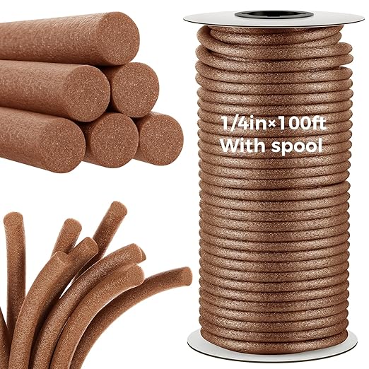 1/4 Inch x 100 ft Foam Backer Rod for Gaps Joints Concrete Crack Filler Caulk Saver Bulk Foam Backing Rod Concrete Filler Rope for Weather Stripping Door Seal (Brown)