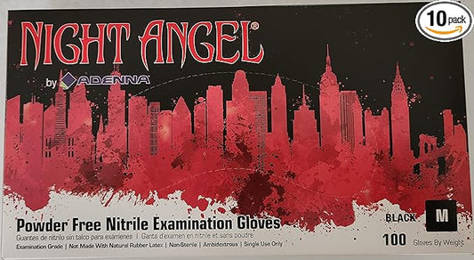 Adenna (NGL225-10PK) Night Angel Nitrile Powder Free Examination Gloves, Black, Medium, 100 Piece, Pack of 10