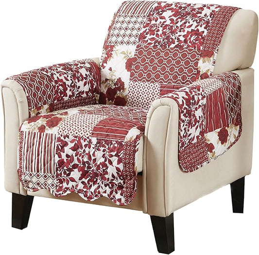 Great Bay Home Reversible Patchwork Chair Cover - Washable Slipcover Furniture Protector with Elastic Straps - Chair Cover for Dogs, Kids, and Pets - Box-Stitched Detail (Chair, Burgundy)