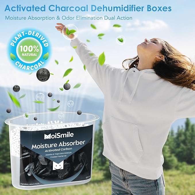Moisture Absorbers 12 Packs, 10.8OZ Activated Charcoal Efficient Humidity Absorber ＆ Odor Absorber Boxes, Refillable Car Dehumidifier for Closet, Bathroom, Basement＆ RV
