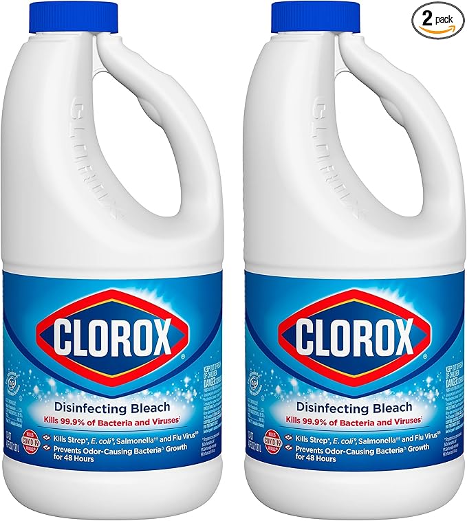 Clorox Bleach Cleaner, 2 Pack Original Concentrated Bleach, Easy Pour Bottle with Handle, Moldand Mildew Remover, Removes Stains and Whitens, 43 oz Each