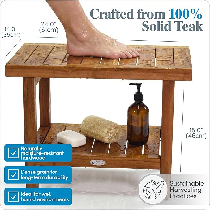 AquaTeak The Original 24" Fully Assembled Spa Teak Shower Bench - Shower Stool with Storage Shelf for Bathroom - Durable Water Resistant Shower Chair - Shaving Foot Rest - Indoor & Outdoor Use