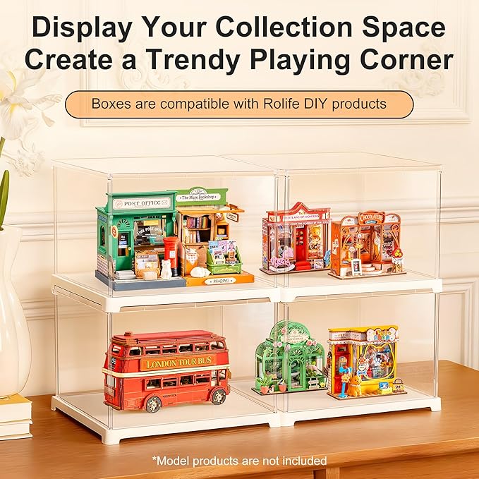 Rolife Acrylic Display Case Dust Cover for Collectibles, Dustproof Protection Showcase with White Base with Door for Mini Dollhouse, 3D Puzzles (8.8''x7.6''x6'')