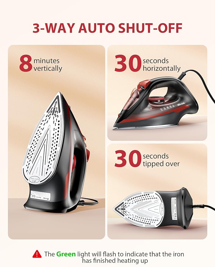 Steam Iron for Clothes, 3-Way Auto Shutoff, Ceramic-Coated Soleplate with Burst Steam, Anti-Drip and Anti-Calc, Self-Cleaning, 1500W Powerful for Home Use