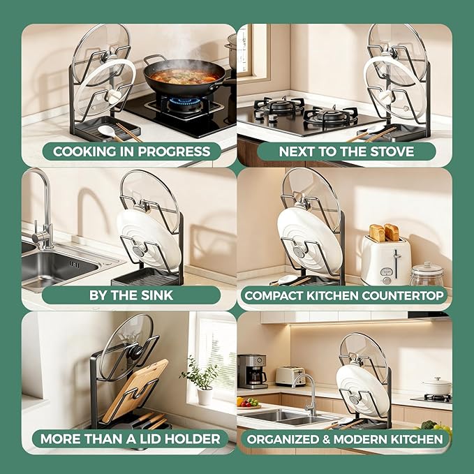 Kitchen Pot Lid Storage Rack, Double Layer Pot Lid Organizer Rack & Holder While Cooking, Metal Pot Lid Stand with Spoon Rest and Removable Drip Tray, Space-Saving Design (Beige, 2)
