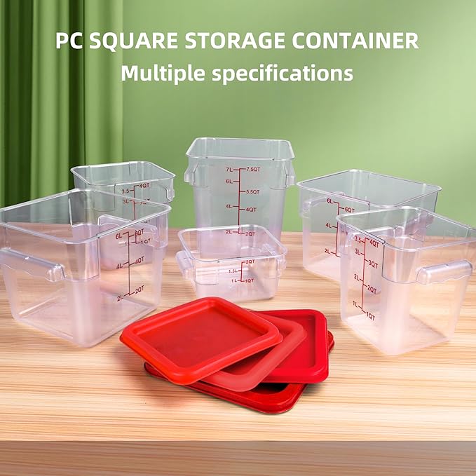 2 Pack RED Square Food Storage Container With Lid,Commercial Storage Box With Scale & Handle,Cake Making,Dough Marinating Meat,Kitchen Supplies (8 Quart)