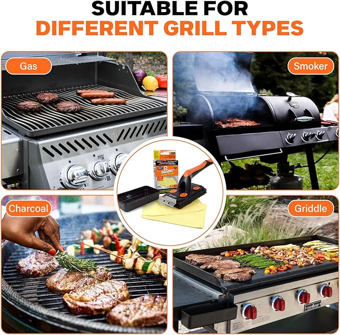 Q-Swiper XL Steam-Clean BBQ Grill Cleaner Set - 1 Long Grill Brush with Scraper, 2 Heat Resistant Kevlar® Steam Clean Cloths, 1 Tray | Bristle Free | Safe Way to Steam away Grill Grease & Grime