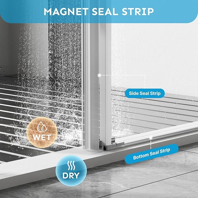 48" x 72" Frameless Sliding Shower Door, (1/4") Tempered Glass, Heavy-Duty 304 Stainless Steel Hardware, Adjustable 46-48" Width, Silent φ40 Rollers & 6" Handle, No-Leak F-Type/Bubble Seals