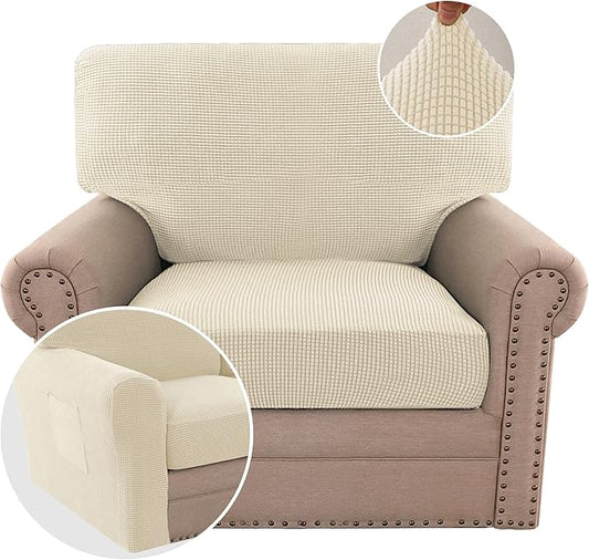 H.VERSAILTEX Multi-Pieces Chair Covers Stretch Couch Covers Form Fitted Seat and Back Cushions Covers (1 Seat Cover Plus 1 Back Cusion Cover, Bonus 2 Armrest Covers), Natural