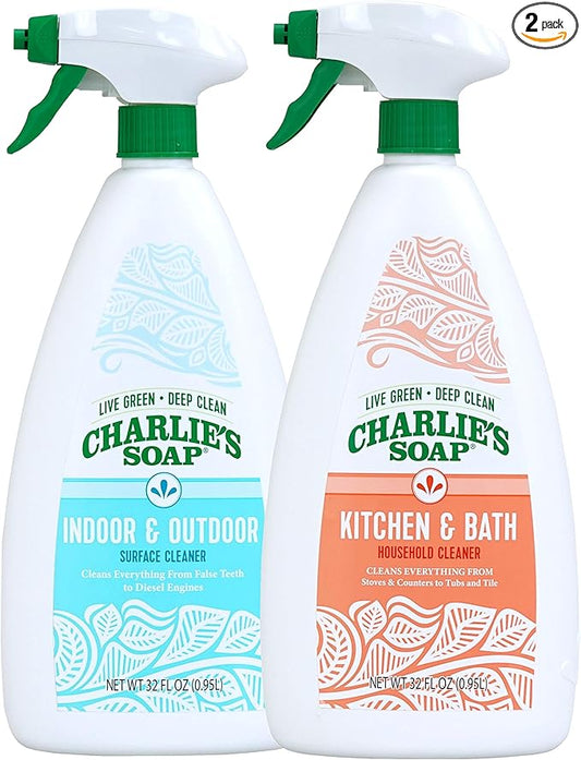 Charlie's Soap Indoor Outdoor and Kitchen & Bath Cleaner Variety Pack, 32 oz Each