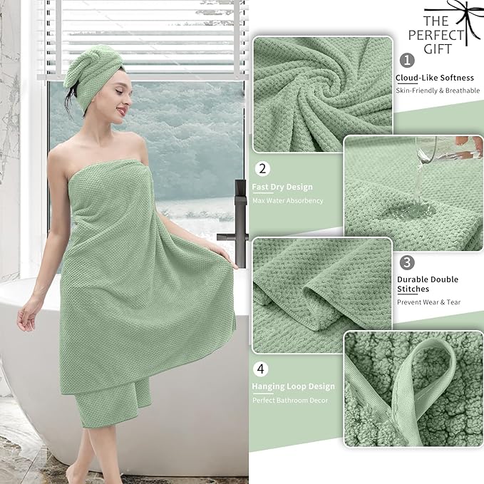 Extra Large Bath Towel Set of 4 (35"x70"),Oversized Bath Sheet Super Soft Highly Absorbent Jumbo Bathroom Towel Set Microfibers Quick Dry Shower Towel for Hotel,Bathroom,Guest,Spa,Gym (Green)