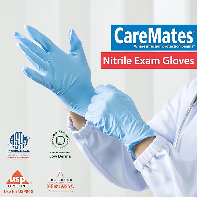 CareMates Nitrile Medical Exam Gloves, Latex Free Rubber, Powder Free, Extra Strong, 4 Mil Thick, Certified for Home Infusion, First Aid, Food Safe, Cleaning Gloves, Medium, 200-Count