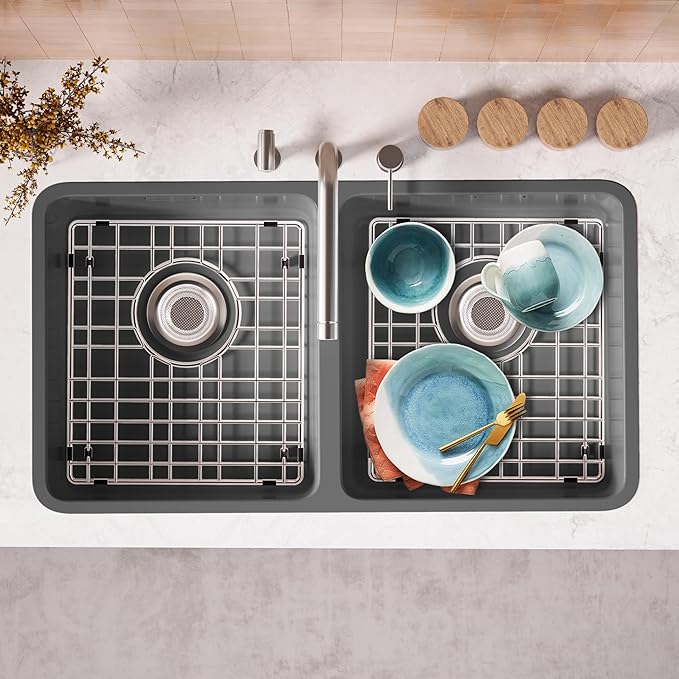 SANNO Sink Protector for Kitchen Sink, Grid Sink Protector Kitchen Sink Rack for Bottom of Sink,Rear Drain for Single Bowl13 L X 15" W, Stainless Steel,2pcs
