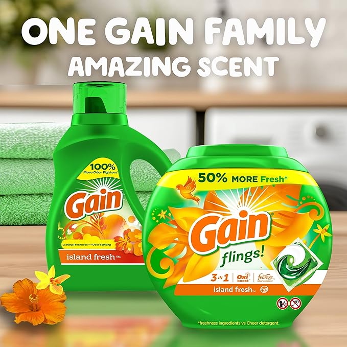 Gain Flings Laundry Detergent Pacs, 60 Count, Island Fresh Scent, with Odor Defense, concentrated laundry soap pacs