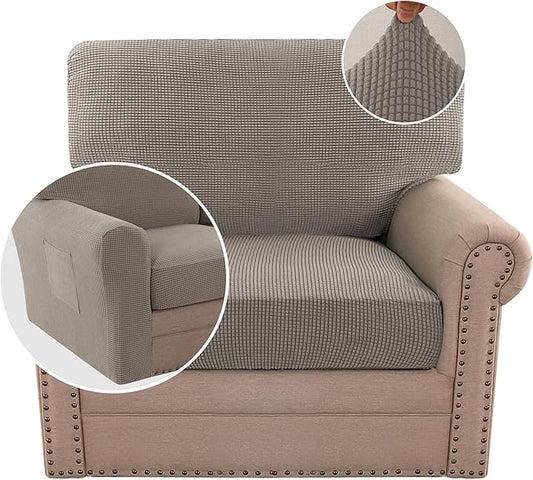 H.VERSAILTEX Multi-Pieces Chair Covers Stretch Couch Covers Form Fitted Seat and Back Cushions Covers (1 Seat Cover Plus 1 Back Cusion Cover, Bonus 2 Armrest Covers), Taupe