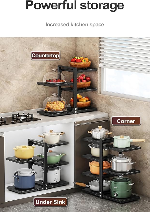 Pots and Pans Organizer for Cabinet, Heavy Duty Pot Pan Rack under Sink Organizers and Storage，Kitchen Cabinet Organizer with 5 Adjustable Tiers