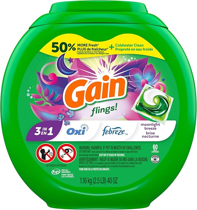 Gain Flings Laundry Detergent Pacs, 60 Count, Moonlight Breeze Scent, with Odor Defense, concentrated laundry soap pacs