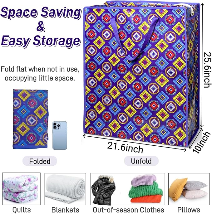 9 Pieces Extra Large Moving Bags, 90 L Heavy Duty Storage Tote with Zipper Carrying Handle, Plastic Laundry Clothes Packing Bags for Space Saving, Traveling, College Supplies