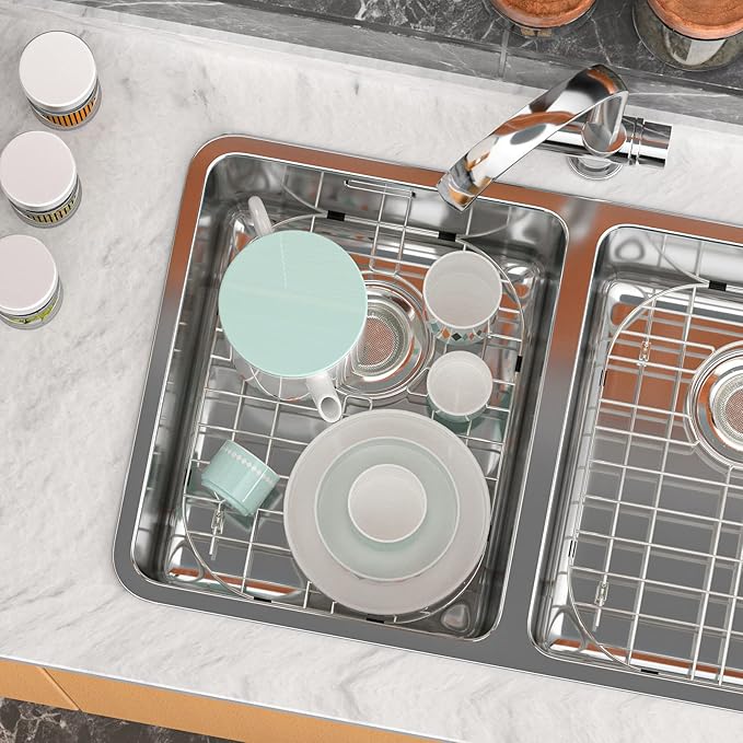 SANNO Sink Protector Grid for Kitchen Sink, 14.57" L X 11.22" W Bottom Grid with Rear Drain Hole, Single Bowl Sink Rack, Stainless Steel 1 Pack