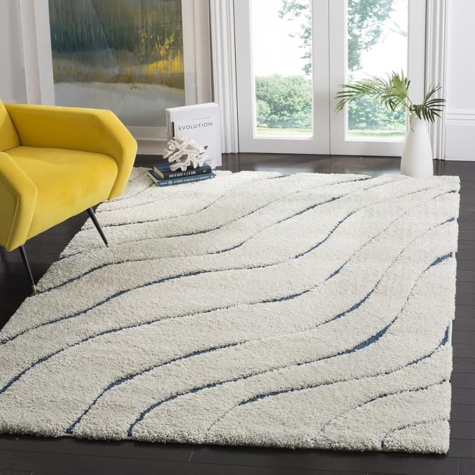 SAFAVIEH Florida Shag Collection Area Rug - 6'7" Square, Cream & Blue, Non-Shedding & Easy Care, 1.2-inch Thick Ideal for High Traffic Areas in Living Room, Bedroom (SG472-1165)