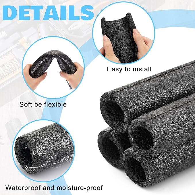 Amylove 8 Pcs 1 Feet Foam Pipe Insulation Foam Tube Insulating Water Pipe Pool Swim Noodles Pre Slit Heat Preservation Pipes Covers for Tubing Outdoor Winter Freeze Protection(Black, 1-1/4 Inch)