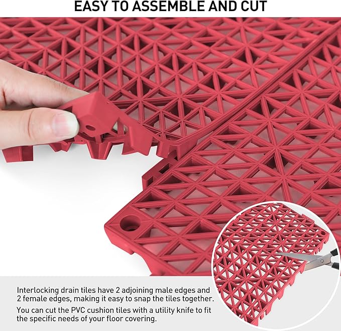 MAXWAVE 18 Pack 12" x 12" Modular Interlocking Floor Mats, Soft PVC Non-Slip Drainage Tiles, Splicing Rubber Cushion Flooring for Deck, Shower, Pool, Basement, Shed, Indoor and Outdoor Use