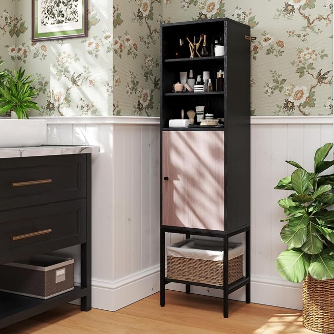 Giantex 57” Tall Bathroom Storage Cabinet, Floor Cabinet with Door, Adjustable Shelves & Foot Pads, Metal Legs, Anti-Tipping Kit, Slim Bathroom Storage Unit for Living Room, Kitchen (Black)
