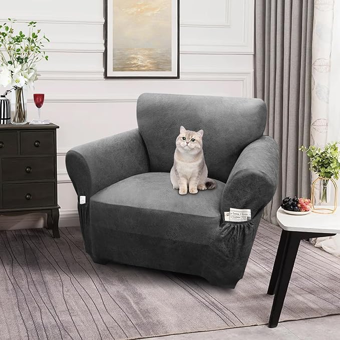 Single Sofa Cover Leather Look Chair Covers for Living Room 1-Piece Sofa Chair Covers with Arms Stretch Furniture Protector with Elastic Bottom & Pockets(Armchair, Grey)