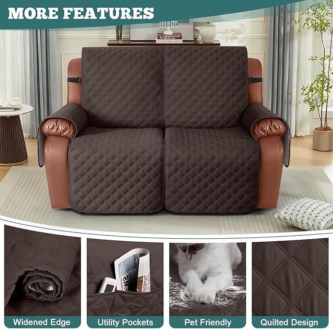 Ruaozz Waterproof Recliner Sofa Covers, 1-Piece Couch Covers for Reclining Couches Reclining Couch Cover Washable Furniture Protector with Elastic Straps Pocket for Kids Pets (Chocolate, 2 Seater)