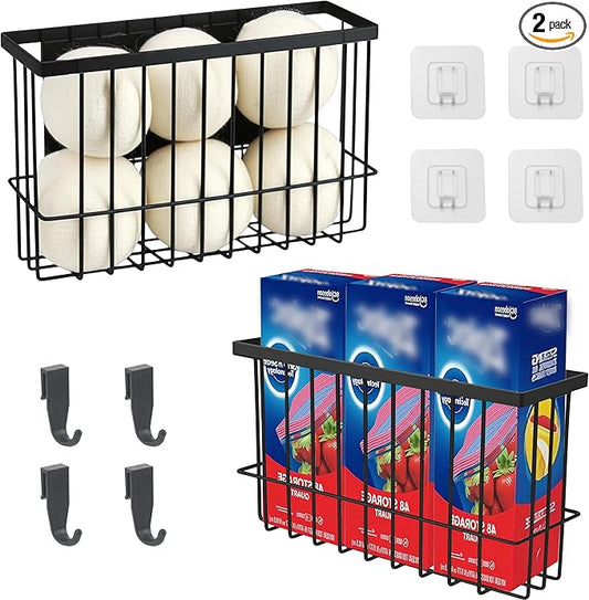 2 Pack Magnetic Basket, Magnetic Dryer Ball Holder for Laundry Room Dryer Ball Organization with 4 Caddy Adhesive Stickers, Cabinet Door Organizer for Kitchen Wrap Food Bag Tin Foil Storage, Black