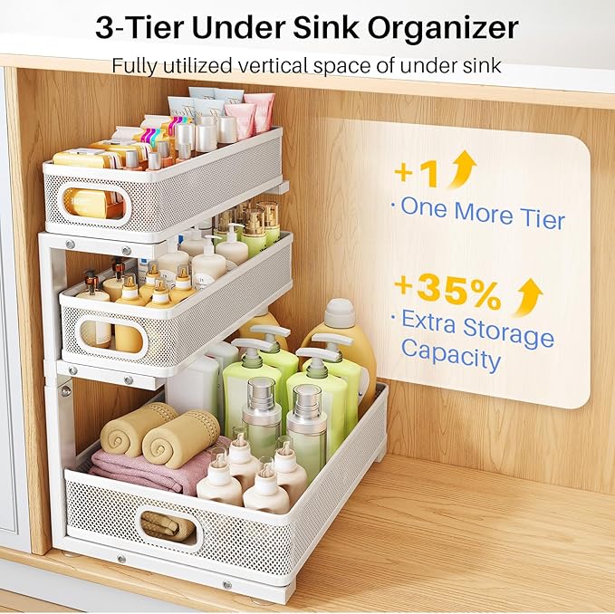 HERJOY Under Sink Organizer, 1-Pack 3-Tier Height Adjustable Thickened Metal Pull out Cabinet Organizer Shelf, Slide out Storage Drawer Rack for Bathroom Kitchen Pantry Home Laundry Organization