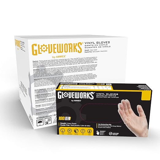 GLOVEPLUS AMMEX Industrial Clear Vinyl Gloves, Latex Free, Powder Free, Food Safe, Disposable, Non-Sterile