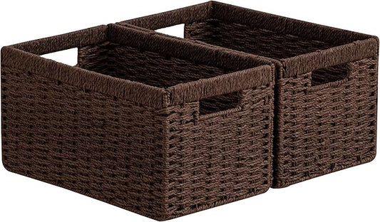 joybest Wicker Storage Baskets, Set of 2 Hand-Woven Paper Rope Dark Brown Baskets for Organizing, Foldable Rectangular Storage Organizer Bins for Shelves with Handles 13.4L x 8.3W x 7.1H