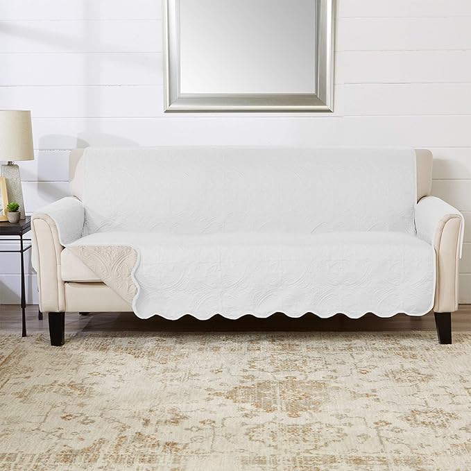 Great Bay Home Reversible Sofa Cover - Washable Slipcover Furniture Protector with Elastic Straps - Couch Cover for Dogs, Kids, and Pets - Quilted & Stitched Detail (Sofa, White/Sand)