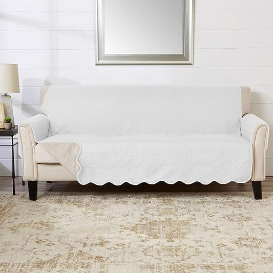Great Bay Home Reversible Sofa Cover - Washable Slipcover Furniture Protector with Elastic Straps - Couch Cover for Dogs, Kids, and Pets - Quilted & Stitched Detail (Sofa, White/Sand)
