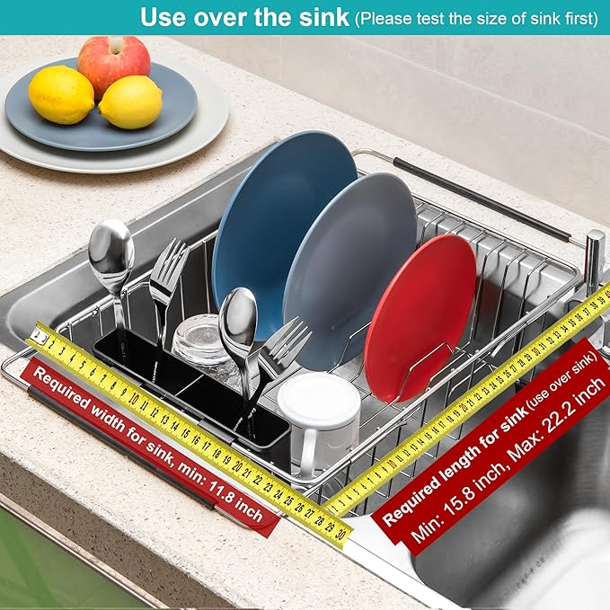 iPEGTOP Expandable Multifunctional Dish Drying Rack, Over The Sink, in Sink Or On Counter Dish Drainer Basket Shelf with Black Utensil Silverware Holder, Rustproof Stainless Organizer